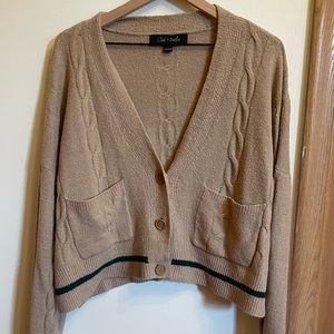 Oversized Tan Cable Knit Cardigan with Split Hem, Size Large